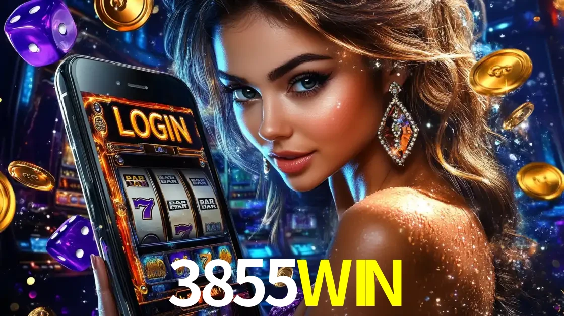 Mulher glamorosa segurando um smartphone com a tela de login para os jogos de caça-níqueis do cassino online 3855WIN, com moedas de ouro e dados ao redor.