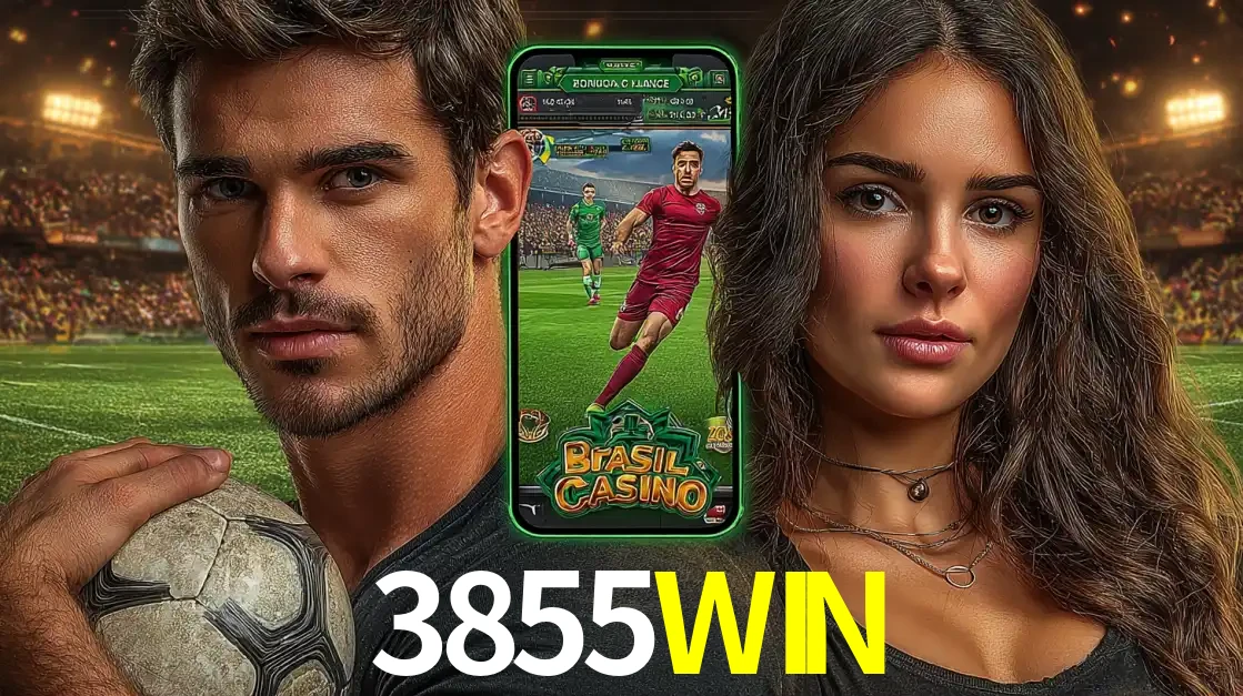 Homem segurando uma bola de futebol e uma mulher ao lado de um smartphone exibindo o jogo de apostas esportivas da 3855WIN. Faça seu palpite no cassino online.